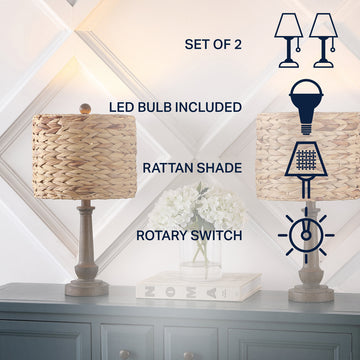 Leona 21.25" Rustic Farmhouse Handwoven Rattan/Resin LED Table Lamp - JONATHAN Y